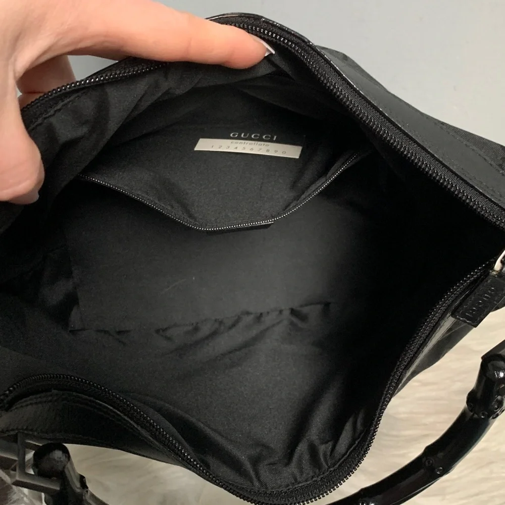 Authentic Gucci black leather and nylon jumbo GG hobo bag w bamboo handle
